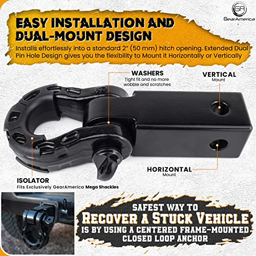 Heavy Duty Aluminum 2"x 2" Hitch Receiver with Mega Shackle® (Black) | 32,000 LBS MBS (16,000 LBS WLL)
