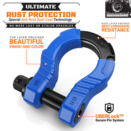 GearAmerica UBER Shackles with Anti-Theft Lock (Blue) | 80,000 lb (40T) MBS & 20,000 lb (10T) WLL