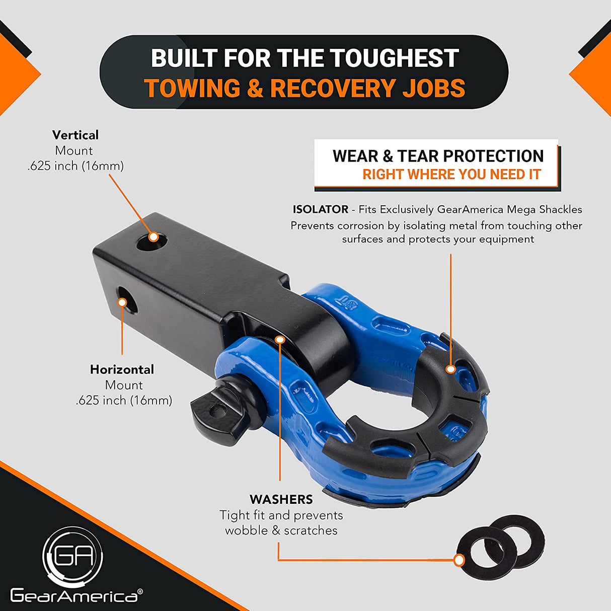 GearAmerica Aluminum Hitch Receiver 2" x 2" Black + Blue Mega Shackle®