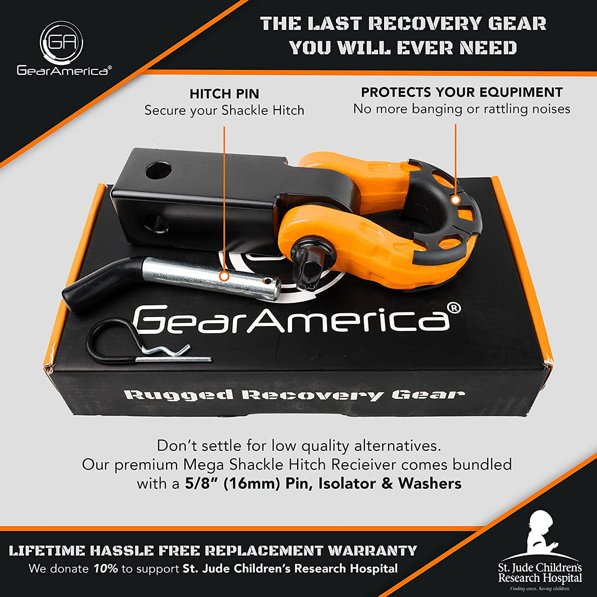 GearAmerica Aluminum Hitch Receiver 2" x 2" Black + Orange Mega Shackle®