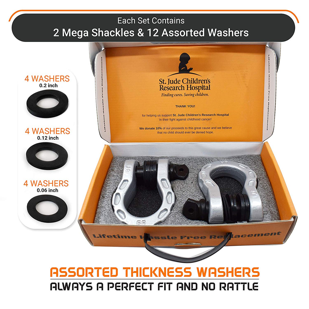 Mega Shackles ® - Silver (2PK) | Forged Carbon Steel | 68,000 lbs MBS (16,000 lbs WLL) | Off-Road Recovery Anchor Points