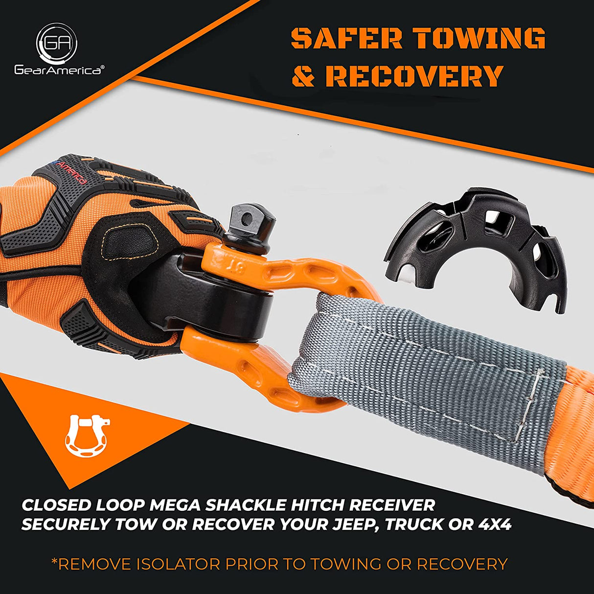 GearAmerica Aluminum Hitch Receiver 2" x 2" Black + Orange Mega Shackle®