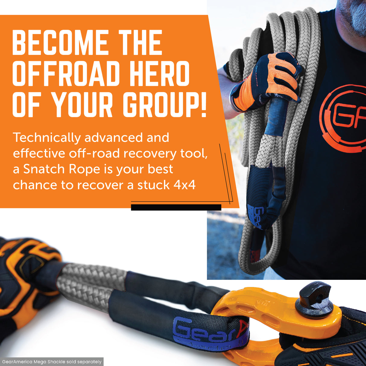 Kinetic Recovery Rope 7/8” x 30' (GREY) | 28,500 lbs Breaking Strength | Made in The USA