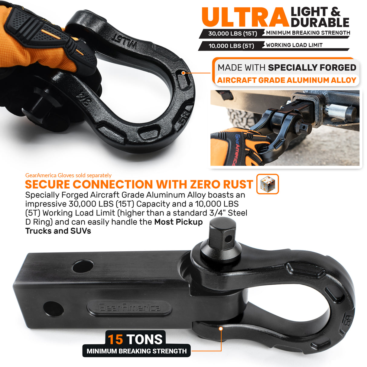 Aluminum Ultra Shackle Hitch Receiver Bundle (Black) with ⅝ Locking Pin