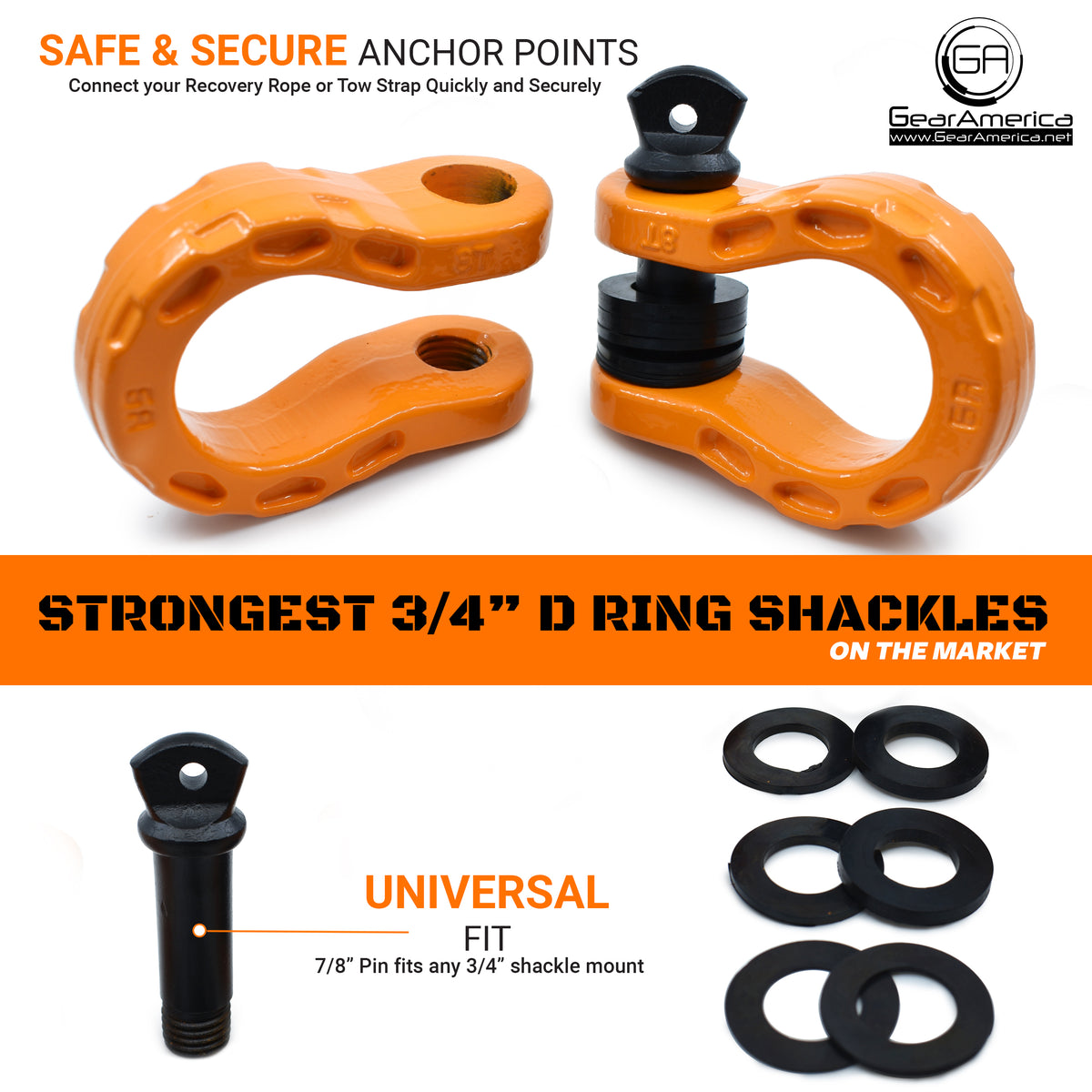 Orange D Ring Shackles 3/4 inch for you Jeep or Truck