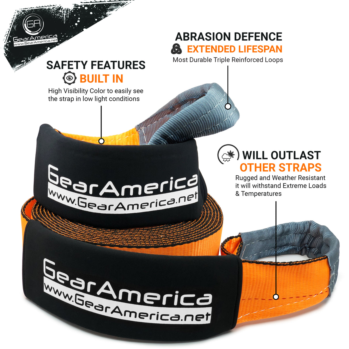 GearAmerica (2 Pack) Mega Duty Recovery Tow Strap 4" x 30' | 46,076 lbs Minimum Break Strength