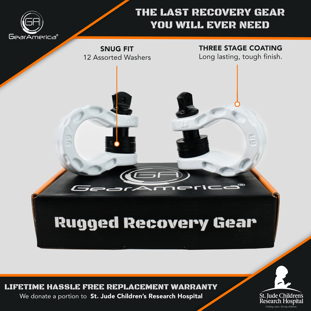 Mega Shackles ®- White (2PK) | Forged Carbon Steel | 68,000 lbs MBS (16,000 lbs WLL) | Off-Road Recovery Anchor Points