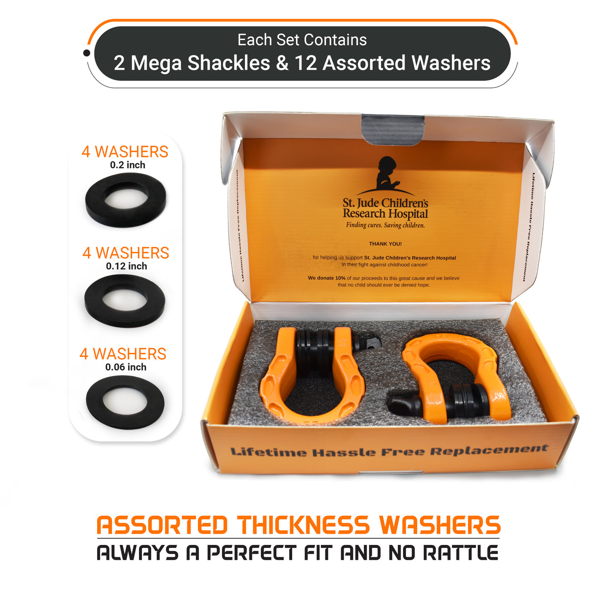 Mega Shackles ® - Orange (2PK) | Forged Carbon Steel | 68,000 lbs MBS (16,000 lbs WLL) | Off-Road Recovery Anchor Points