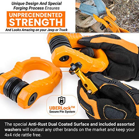 GearAmerica UBER Shackles with Anti-Theft Lock (Orange) | Forged Carbon Steel | 80,000 lb (40T) MBS & 20,000 lb (10T) WLL