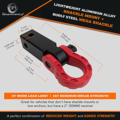 GearAmerica Aluminum Hitch Receiver 2"x2" Black + Red Mega Shackle®