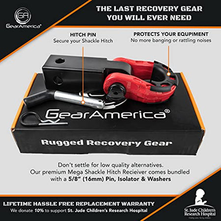 GearAmerica Aluminum Hitch Receiver 2"x2" Black + Red Mega Shackle®