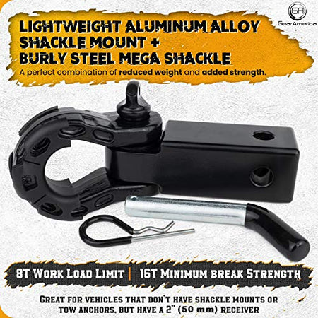 Heavy Duty Aluminum 2"x2" Hitch Receiver with Mega Shackle® (Black) | 32,000 LBS MBS (16,000 LBS WLL)