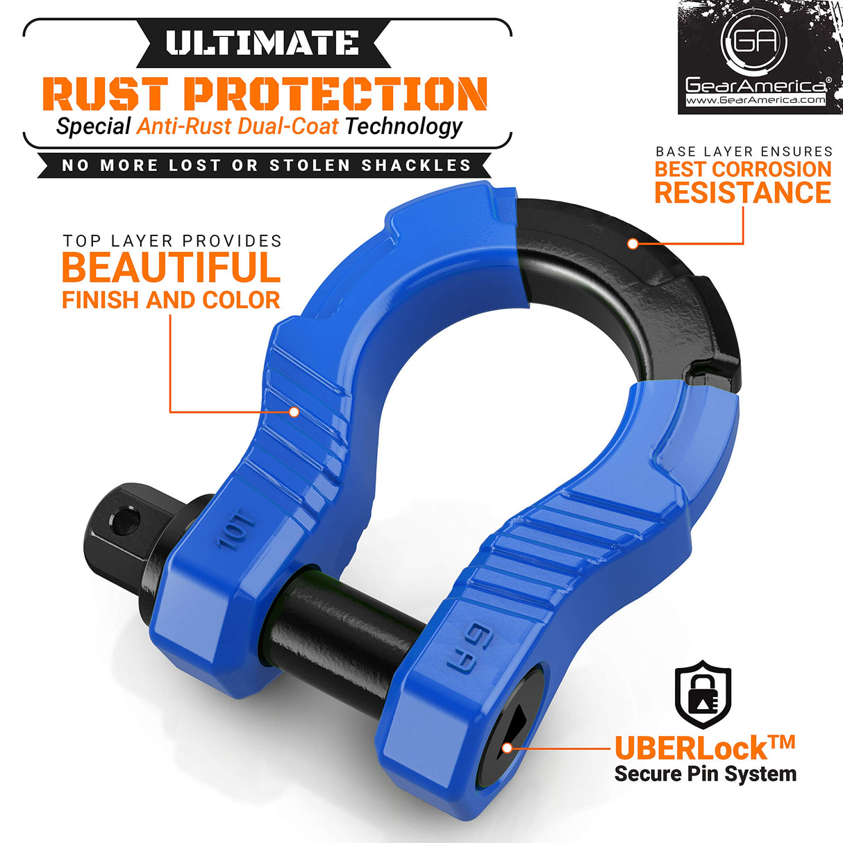 GearAmerica UBER Shackles with Anti-Theft Lock (Blue) | 80,000 lb (40T) MBS & 20,000 lb (10T) WLL