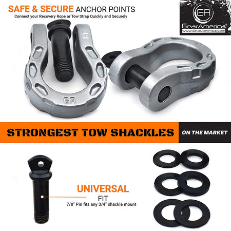 Mega Shackles ® - Silver (2PK) | Forged Carbon Steel | 68,000 lbs MBS (16,000 lbs WLL) | Off-Road Recovery Anchor Points