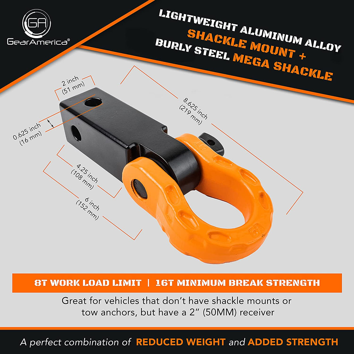 GearAmerica Aluminum Hitch Receiver 2" x 2" Black + Orange Mega Shackle®