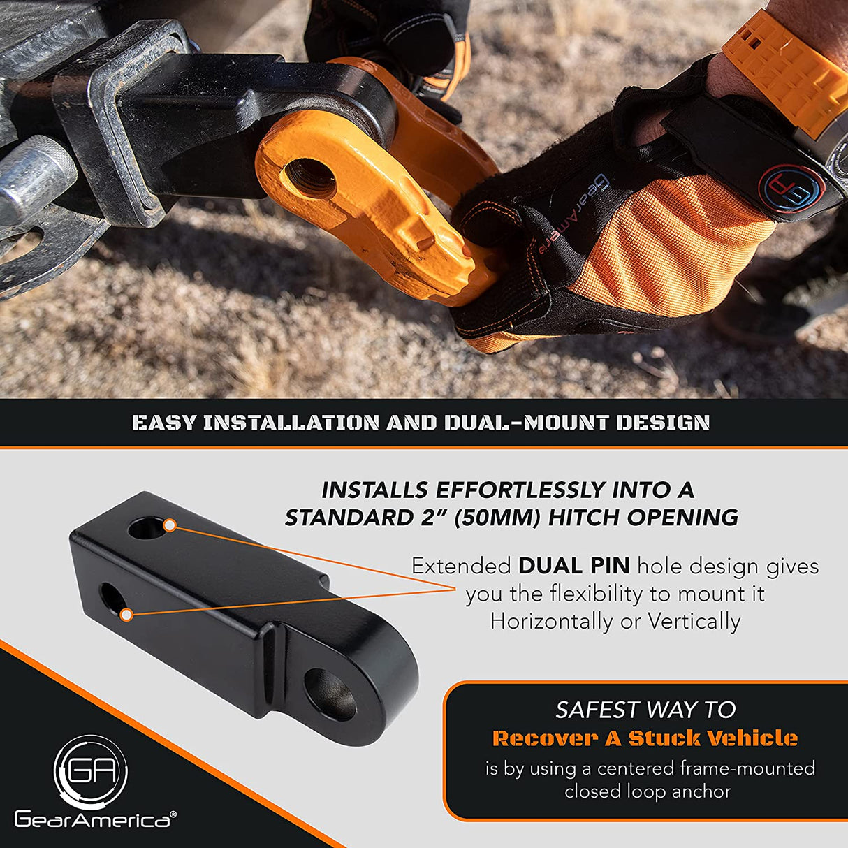 GearAmerica Aluminum Hitch Receiver 2" x 2" Black + Orange Mega Shackle®