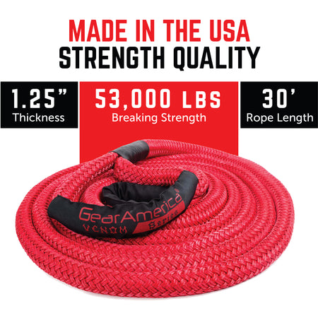 GearAmerica Venom Series 1.25'' X 30 Kinetic Rope (Red) - Made in The USA