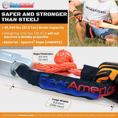 GearAmerica ½” Synthetic Soft Shackle | 45,000 lbs Breaking Strength (ORANGE)- Made in The USA