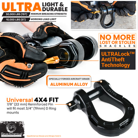 Aluminum ULTRA Bow Shackles with AntiTheft Locking Pin (Black) | 30,000 LBS MBS (10,000 LBS WLL)