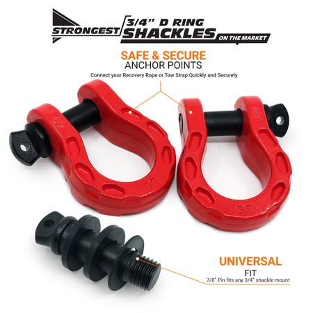 Mega Shackles ® - Red (2PK) | Forged Carbon Steel | 68,000 lbs MBS (16,000 lbs WLL) | Off-Road Recovery Anchor Points