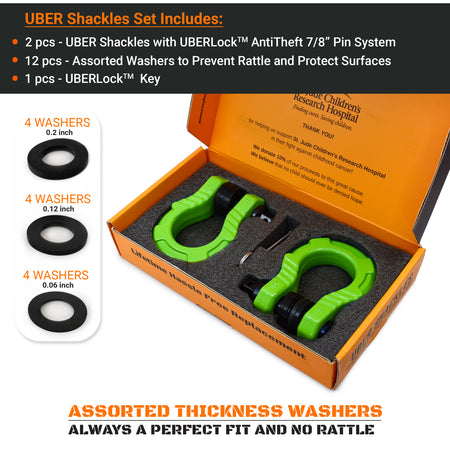 GearAmerica UBER Shackles with Anti-Theft Lock (Green) | Forged Carbon Steel | 80,000 lb (40T) MBS & 20,000 lb (10T) WLL