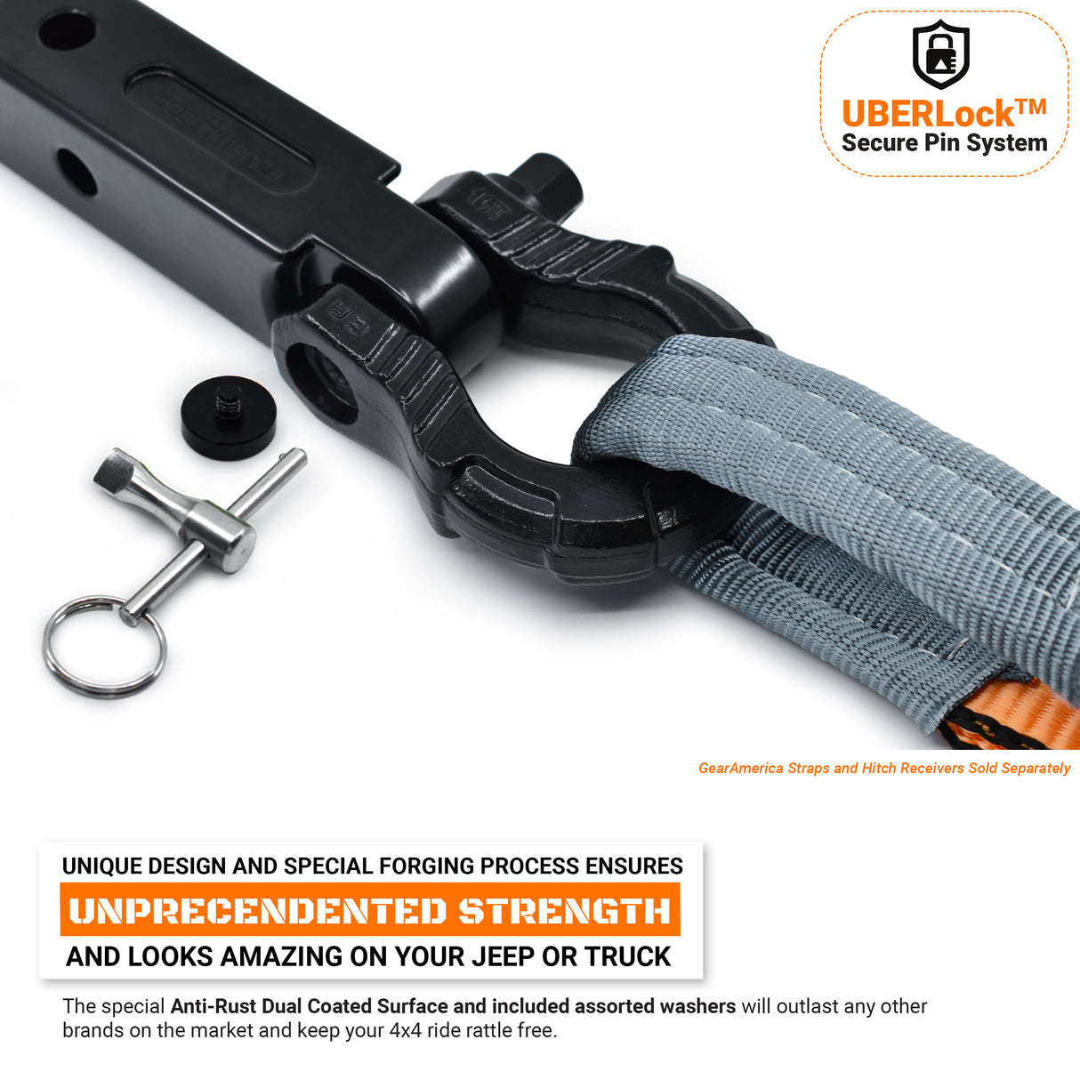 GearAmerica UBER Shackles with Anti-Theft Lock (Black) | Forged Carbon Steel | 80,000 lb (40T) MBS & 20,000 lb (10T) WLL