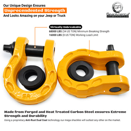 Mega Shackles ® - Yellow (2PK) | Forged Carbon Steel | 68,000 lbs MBS (16,000 lbs WLL) | Off-Road Recovery Anchor Points