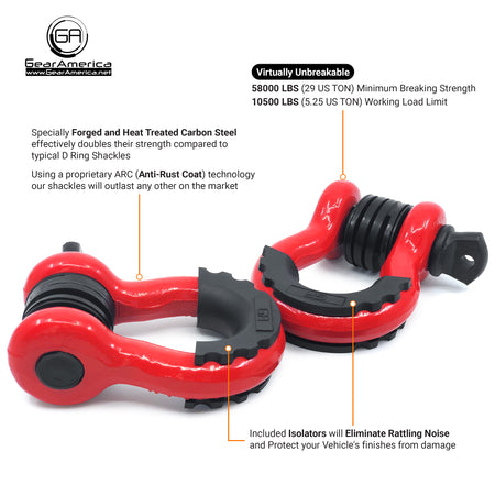 Heavy Duty D Ring Shackles - Red with Isolators (2PK) | 58,000 lbs (29 US Ton) Max Strength