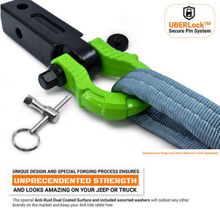 GearAmerica UBER Shackles with Anti-Theft Lock (Green) | Forged Carbon Steel | 80,000 lb (40T) MBS & 20,000 lb (10T) WLL