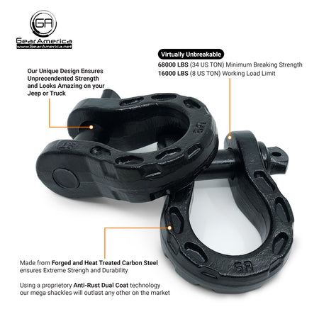 Mega Shackles ® - Black (2PK) | Forged Carbon Steel | 68,000 lbs MBS (16,000 lbs WLL) | Off-Road Recovery Anchor Points