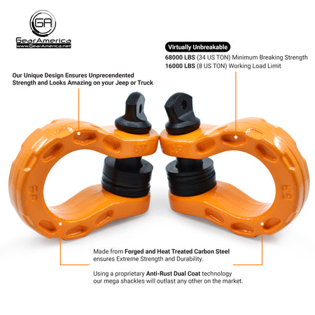 Mega Shackles ® - Orange (2PK) | Forged Carbon Steel | 68,000 lbs MBS (16,000 lbs WLL) | Off-Road Recovery Anchor Points