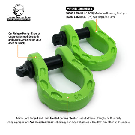 Mega Shackles ® - Green (2PK) | Forged Carbon Steel | 68,000 lbs MBS (16,000 lbs WLL) | Off-Road Recovery Anchor Points