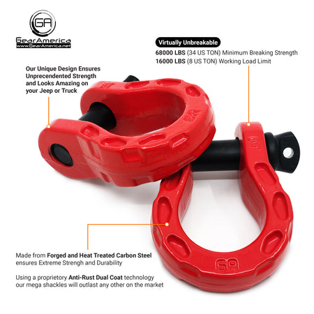 Mega Shackles ® - Red (2PK) | Forged Carbon Steel | 68,000 lbs MBS (16,000 lbs WLL) | Off-Road Recovery Anchor Points