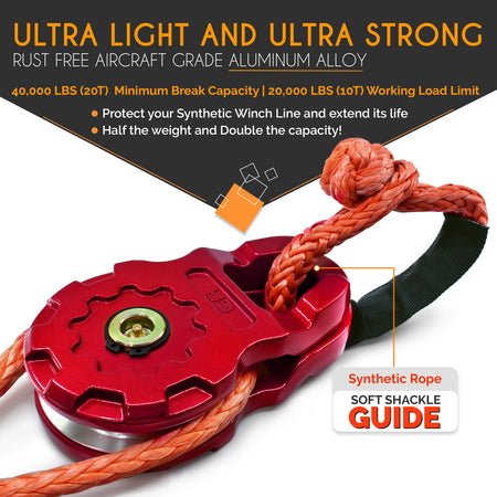 ULTRA Snatch Block Pulley Red | 20T MBS (Aluminum) | Best for Synthetic Winch Rope and Soft Shackles