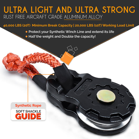 ULTRA Snatch Block Pulley Black | 20T MBS (Aluminum) | Best for Synthetic Winch Rope and Soft Shackles