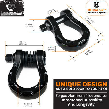 Aluminum ULTRA Bow Shackles with AntiTheft Locking Pin (Black) | 30,000 LBS MBS (10,000 LBS WLL)