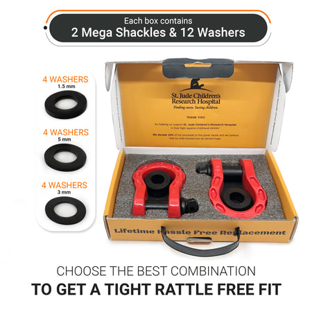 Mega Shackles ® - Red (2PK) | Forged Carbon Steel | 68,000 lbs MBS (16,000 lbs WLL) | Off-Road Recovery Anchor Points