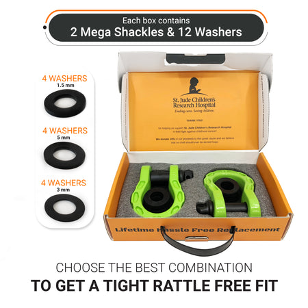 Mega Shackles ® - Green (2PK) | Forged Carbon Steel | 68,000 lbs MBS (16,000 lbs WLL) | Off-Road Recovery Anchor Points